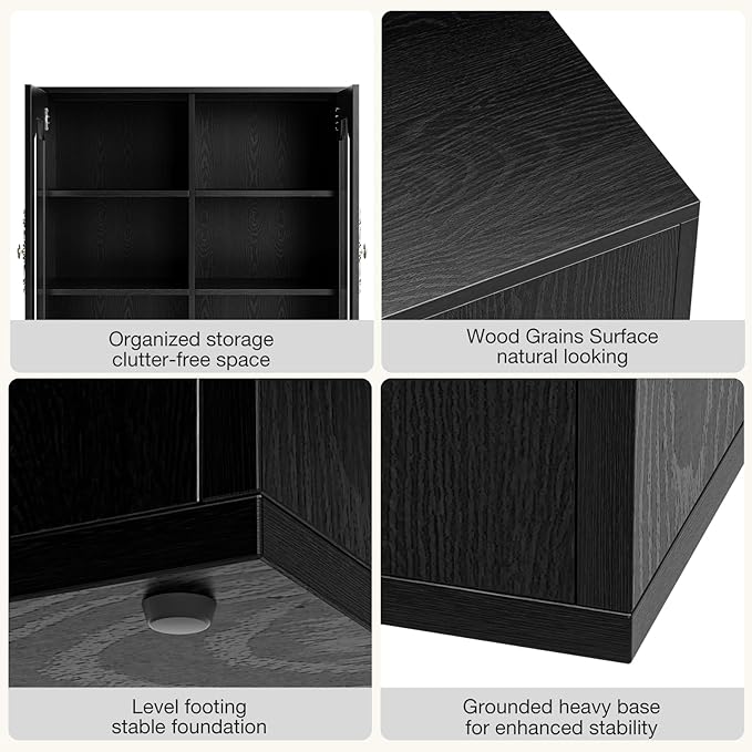 3-Layers Salon Station Free Standing Cabinet, Hair Styling Stations Salon Furniture w/Glass Doors, Bronzed Metal Handles, Wood Grains Surface, Barber Table Hair Salon Furniture（Black）