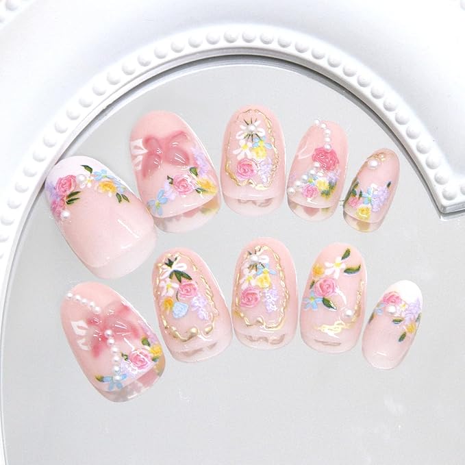 24Pcs Flower Press on Nails Short False Nails Art Summer Sweet Colorful Smudge Almond Full Cover Nude Press on Fake Nails French Short Solid Color Stick on Nails for Women Manicure