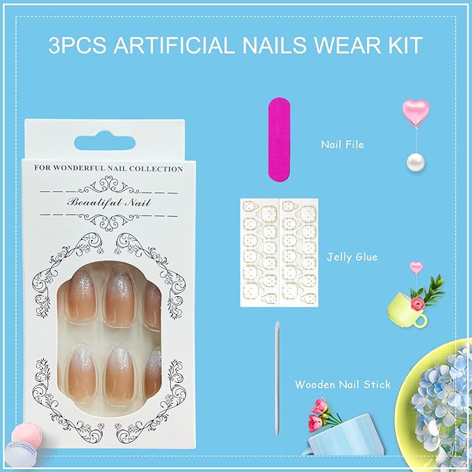 Silver Glitter French Tip Press on Nails Medium Coffin Fake Nails Gradient False Nails Glossy Full Cover Stick on Nails Ombre Glue on Nails Acrylic Artificial Nails for Women 24 Pcs