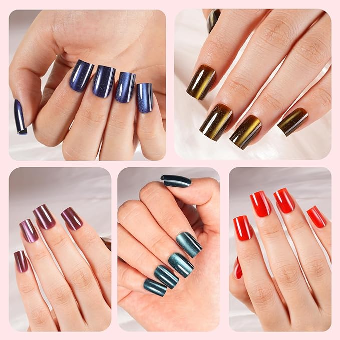 Cat Eye Press on Nails, 300Pcs XS Short Square Cat Eye Nail Tips, Glossy Glitter Soft Gel Fake Nails for Women and Girls Stick On Nails in 15 Sizes