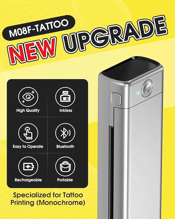 Phomemo M08F Tattoo Stencil Printer Bluetooth, Inkless Tattoo Machine with 10pcs Transfer Paper, Portable Printer for Tattooing, Compatible with Smartphone & PC, Silver