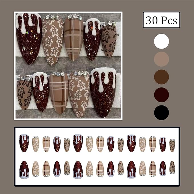 30Pcs Christmas Press on Nails with Cute Gingerbread Man Design Almond Fake Nails Dark Red Glitter False Nails Sparkling Rhinestones Stick on Nail Brown Stripes Artificial Nail for Women