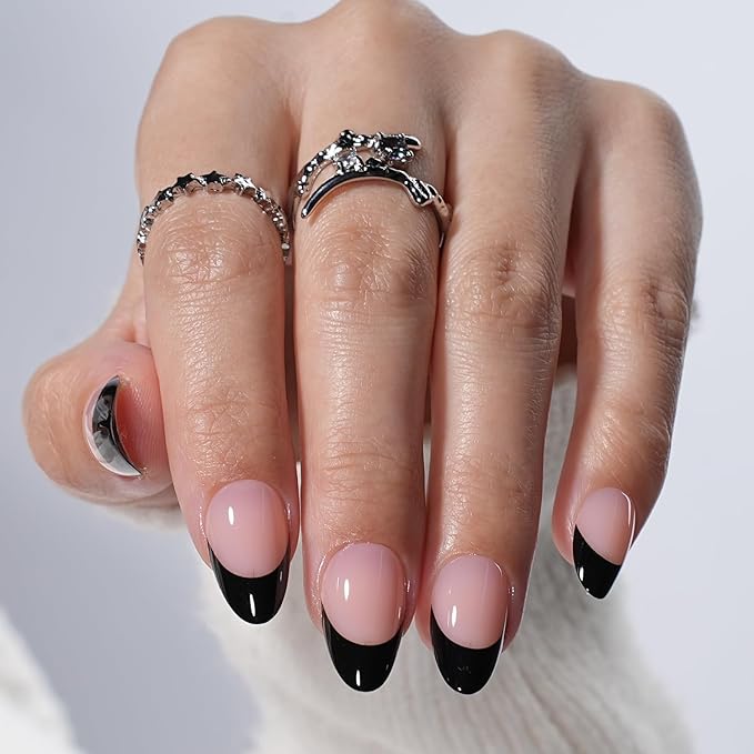 Black French Tip Press On Nails - Black Short Almond Fake Nails, French Tip Press On Nails Reusable Stick On Nails in 16 Sizes, 32pcs False Nail Kit for Women & Girls