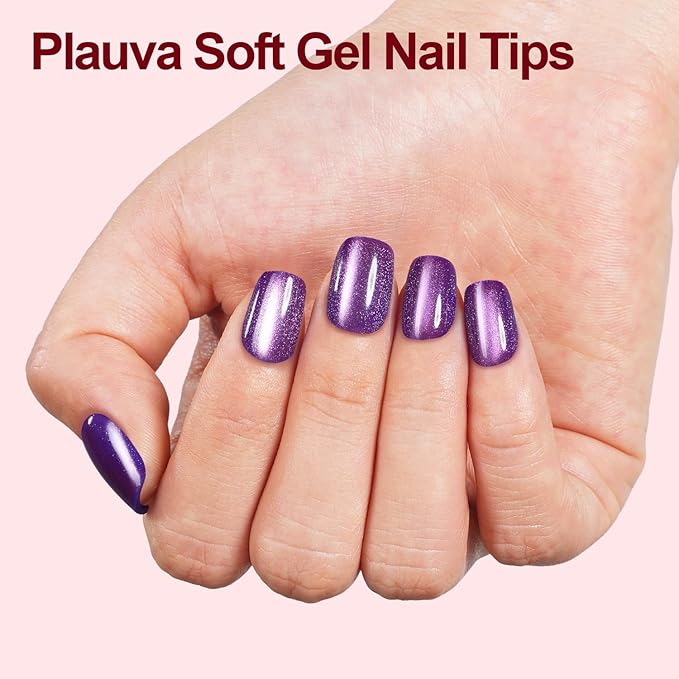 Cat Eye Press on Nails Short Square, 300Pcs Soft Gel Fake Nails, Glossy Glitter Cat Eye Nail Tips for Women and Girls Stick On Nails in 15 Sizes