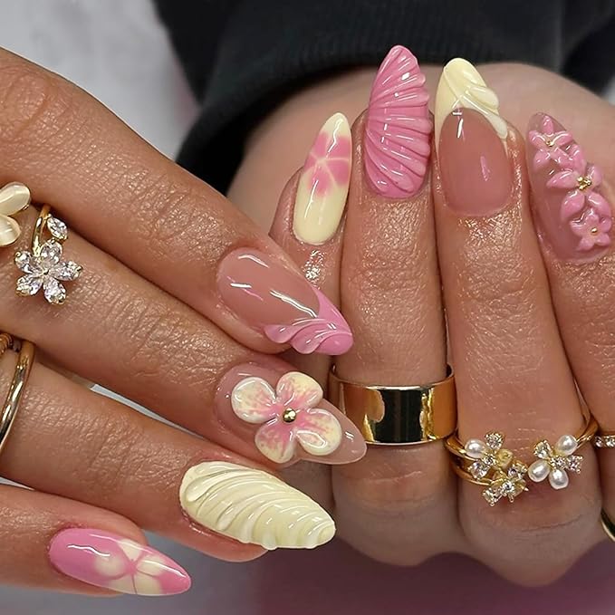 24Pcs Pink Flower Press on Nails Medium Almond French Tip Fake Nails with 3D Water Ripple Design Full Cover Artificial Glue on Nails Spring Summer False Nails Yellow Stick on Nails for Women DIY Kit