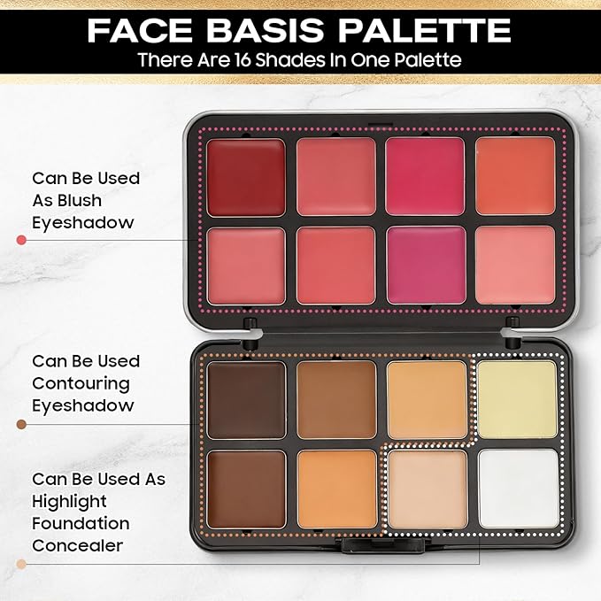 16 Color (Waterproof All-in-One Palette) Highlighter + Concealer + Eyeshadow + Blush, all in one makeup palette, Crease-Proof & Sweat-Resistant for Flawless Glow, Travel-Friendly Cosmetic Set