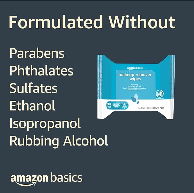 Amazon Basics Makeup Remover Wipes, Gentle Cleansing, Dermatologist Tested, Hydrating, Plant Based, Alcohol-Free, Removes Waterproof Mascara, 25 Count Per Pack, Pack of 1