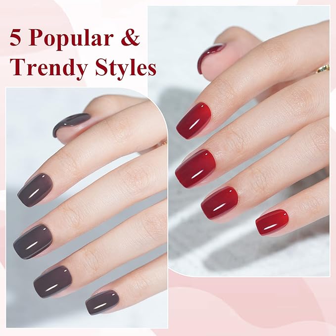 Press on Nails Short 5 Colors, Jofay Fashion 160Pcs Winter Fake Nails, Valentines Press on Nails Square, Natural Reusable Glue On Nails for women Gift, Soft Gel Nail Kit in 16 Sizes