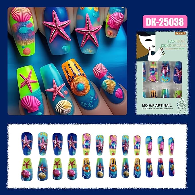 Shell Starfish Press on Nails Long Colorful Shell Pattern Design Ocean Acrylic False Nail Ballet Artificial Stick on Nail Full Cover Glossy Blue Gradient Artificial Fingernail Glue on Nails for Women