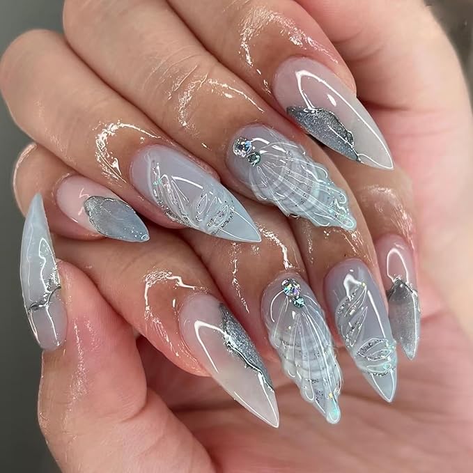 Ocean Shell Press on Nails Light Blue Fake Nails Medium Almond False Nails with Rhinestone Design Glossy Glue on Nails Artificial Acrylic Nail Glitter Stick on Nails for Women Summer Manicure 24Pcs