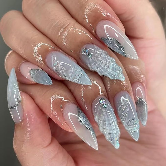 Ocean Shell Press on Nails Light Blue Fake Nails Medium Almond False Nails with Rhinestone Design Glossy Glue on Nails Artificial Acrylic Nail Glitter Stick on Nails for Women Summer Manicure 24Pcs