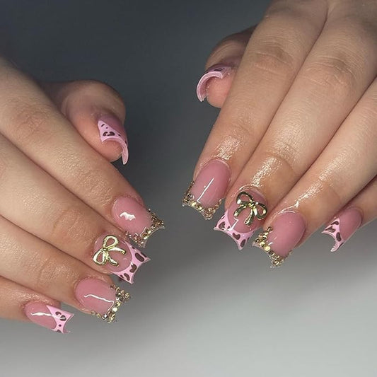 Fall Press on Nails Medium Square Fake Nails with Bow Leopard Print Rhinestones Designs Pink French Tip Nails Press ons Glitter False Nails for Women 24Pcs
