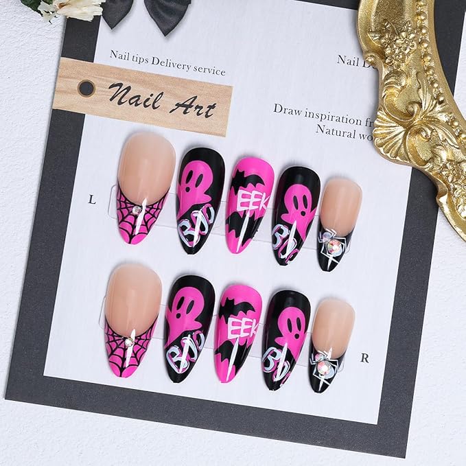 24Pcs Halloween Press on Nails Almond Medium NEWSPIED Hot Pink French Tip Fake Nails with Spiders Rhinestone Design Gothic Bat Ghost False Nails Cute Halloween Glue on Nails for Women Holiday Nail DIY