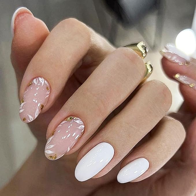 Almond Medium Oval Flower False Nails - Glossy Glue On Nails, Nude Full Cover Acrylic - 24 Pcs