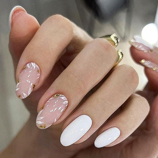 Almond Medium Oval Flower False Nails - Glossy Glue On Nails, Nude Full Cover Acrylic - 24 Pcs
