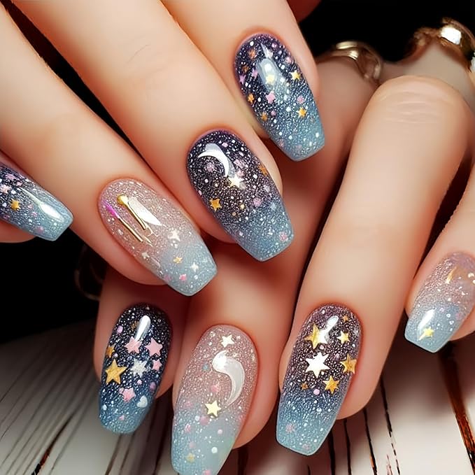 Press on Nails Mediun Ballet Shaped Stars Moon Glitter Sequins Design Colorful Gradient Acrylic False Nail Artificial Stick on Nails Glitter Manicure Glossy Reusable Glue on Nail for Women