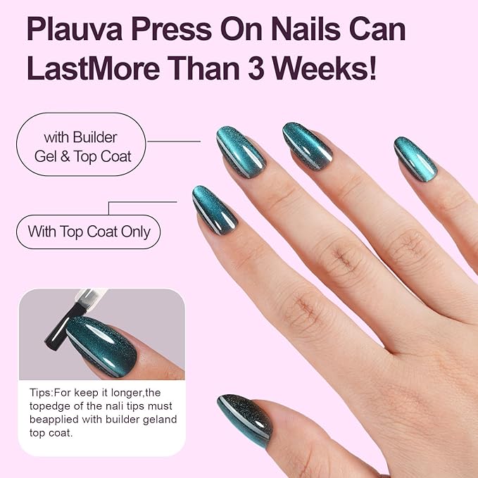 Cat Eye Press on Nails, 300Pcs Short Oval Cat Eye Nail Tips, Glossy Glitter Soft Gel Fake Nails for Women and Girls Stick On Nails in 15 Sizes