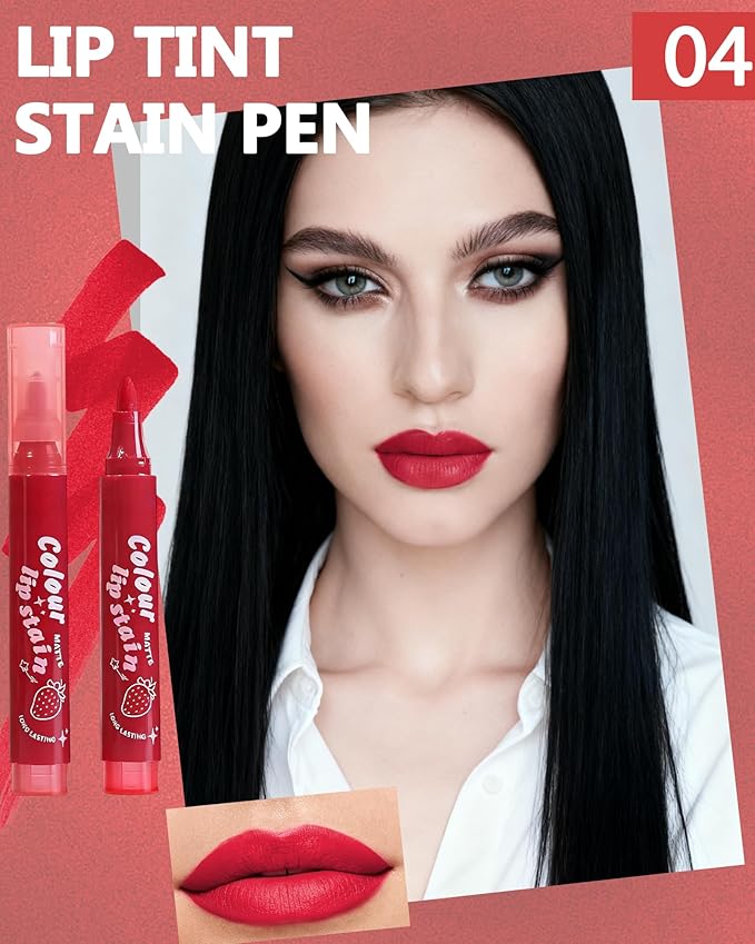 Lip Tint Stain Pen, Bright Red Waterproof Long Lasting Matte Lip Liner Stain Pencil, High Pigment Quick Dry Liquid Lipstick, Non Sticky Smudgeproof Lip Tint Gloss, Christmas Makeup Gift for Women-04