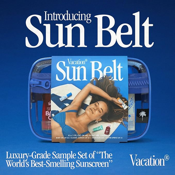 VACATION Sun Belt Sampler Kit, SPF 30-50 Sunscreen Pack, Includes Classic Lotion, Super Spritz Face Mist, Baby Oil, After Sun Gel, Festival Friendly Fanny Pack
