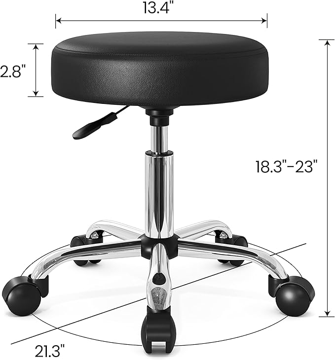 SHA CERLIN Rolling Stool with Wheels Swivel Shop Salon Chair Adjustable Drafting Massage Medical Tattoo Spa with PU Leather Cushioned,Black and Silver