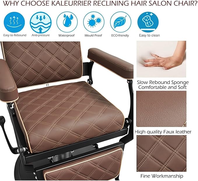 Kaleurrier Salon Chair for Hair Stylist: Heavy Duty Barber Chairs with headrest and footrest - Reclining Hair Styling Chair for Salon Station Barbershop Tattoo Shop Home Hair Cut Massage Brown