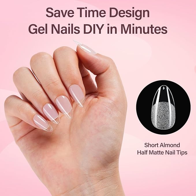 Misssix Short Almond Gel Nail Tips, 216Pcs Pre Etched Clear Fake Nails, Full Cover Soft Acrylic False Nail Glue and Nail Glue Remover for Women 12 Sizes
