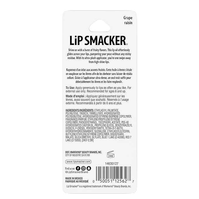 Lip Smacker Fruit Glaze Lip Oil, Ultra-Hydrating & Moisturizing with High-Shine Finish, Plush Applicator for Effortless Glide, Delicious Non-Sticky Flavor - Grape