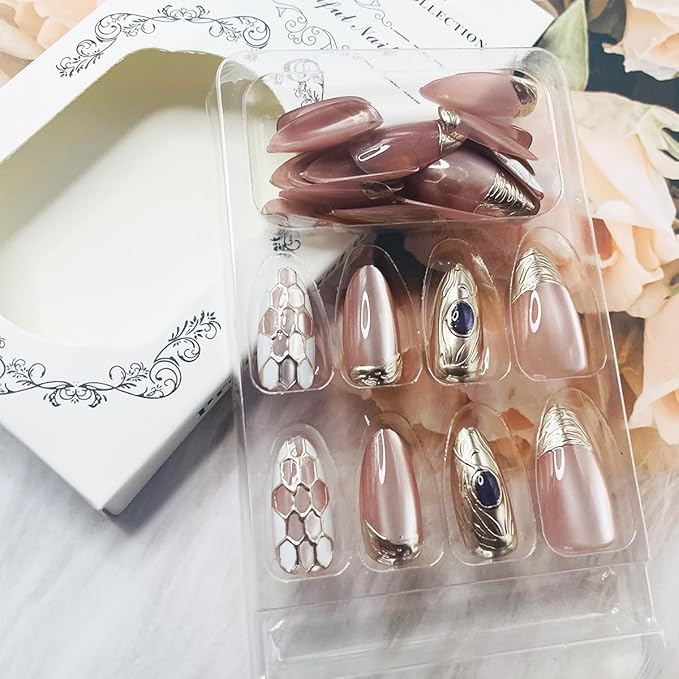 Almond Press on Nails Gold French Tip Fake Nails with Designs Chrome Acrylic Nails Glossy Nude Pink Full Cover Stick on Nails Artificial Almond Nails Tips False Nails for Women Manicure 30Pcs