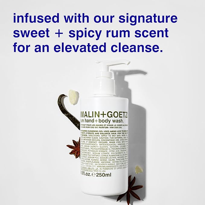 MALIN+GOETZ Hand + Body Wash | Gentle Foaming Cleanser with Botanical Extracts and Amino Acids | Hydrating, pH-Balanced, Unisex Scent | Vegan & Cruelty-Free (Rum, 128 Fl Oz)