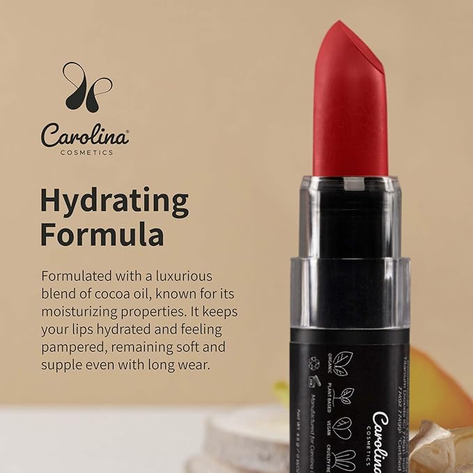 Carolina COSMETICS - Plant-Based Moisturizing Lipstick - The Power of Red Shade 0.15oz- Hydrating with Cocoa Oil, Gluten-Free, Vegan, Non-GMO, Paraben-Free - Lightweight Cream Texture