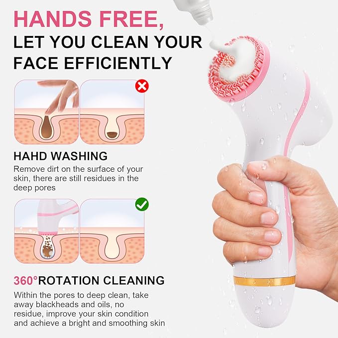 Facial Cleansing Brush, 3 in 1 Electric Face Scrubber with 3 Brush Heads for Women/Men, Waterproof Rechargeable Face Cleansing Brush for Dry Oily Sensitive Skin (Pink)