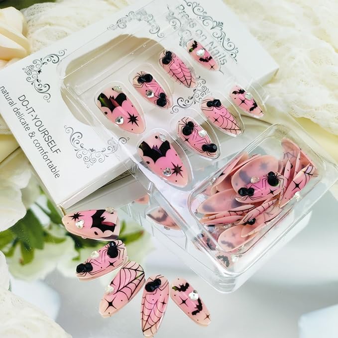 30Pcs Pink Halloween Press on Nails Medium Almond Fake Nails with Bat Spider Web Designs Halloween Full Cover False Nail Heart Rhinestones Glue on Nails 3D Black Spider Acrylic Nail for Women Girls