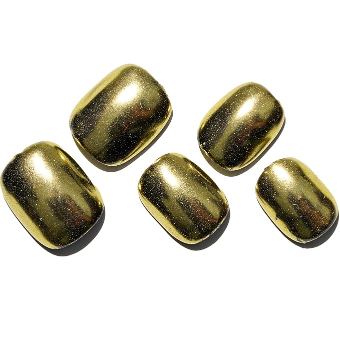 GLAMERMAID Extra Short Press on Nails 24PCS, Handmade Golden Chrome Fall Gel Glue on Nails, Glossy Round Reusable UV Finish Fake Nails Acrylic False Nails Manicure Kits for Women