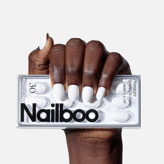 Nailboo Press On Nails, Salon-Quality Reusable Fake Nails for Fast DIY Manicure with Strong Hold Nail Glue for Press Ons, Nail File, & Alcohol Prep Pads, Here’s A Tip, Round