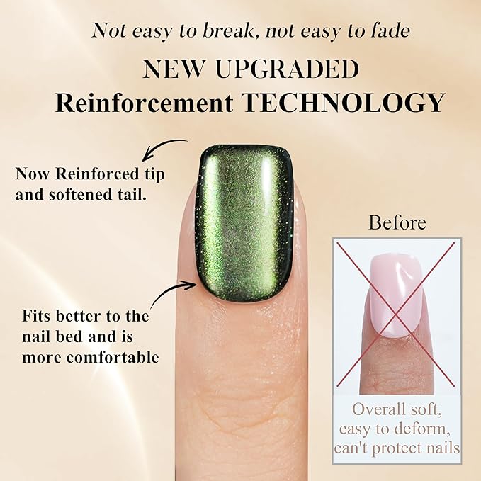 Cat Eye Press on Nails Short, Jofay Fashion Olive Green Press on Nails, Soft Gel Fake Nails, Reusable & Natural Acrylic False Nails, Stick on Nails for Women Girls Gift, Glue on Nails Kit 32Pcs