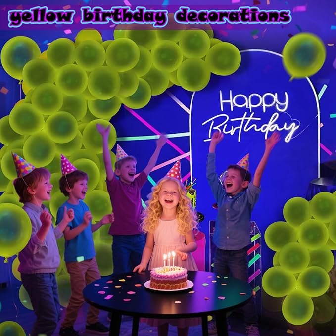 100 Pcs UV Neon Yellow Balloons 12 inch Neon Party Supplies, Balloons, Glow in the Dark for Birthday, Graduation, Baby Shower,Wedding, Anniversary Valentines Party Decorations