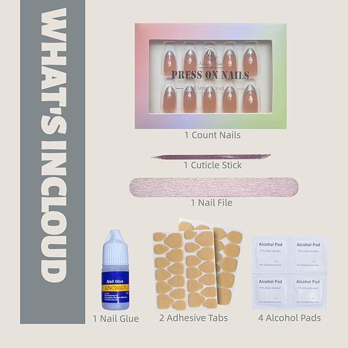 Press on Nails – Short Almond Silver French Tip Fake Nails, 30pcs in 15 Sizes, Durable & Reusable Glue-on Nails for Women & Girls, Elegant Design for Any Occasion