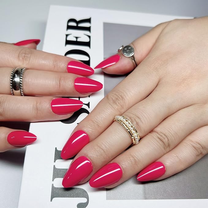 Red Press on Nails Solid Color Fake Nails Short Almond Acrylic Nails Glossy Artificial Nails Red Full Cover Glue on Nails Reusable Stick on Nails for Women and Girls 30 Pcs