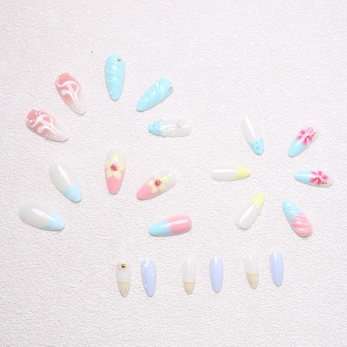 Leopard Print French Tip Press on Nails Medium Almond Flower Fake Nails Rhinestones Droplet Shaped Design Blue Pink Gradient Acrylic Nails Cute Glue on Nails Summer Salon Artificial False Nails 24Pcs