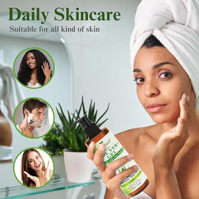Organic Aloe Vera Gel with Tea Tree Oil for Face & Body, Freshly-cut Aloe Vera Gel Ideal for Skin, Scalp, & Hair Hydration, Calming Moisturizer for Soothing After Sun Care Relief, 6.93 oz