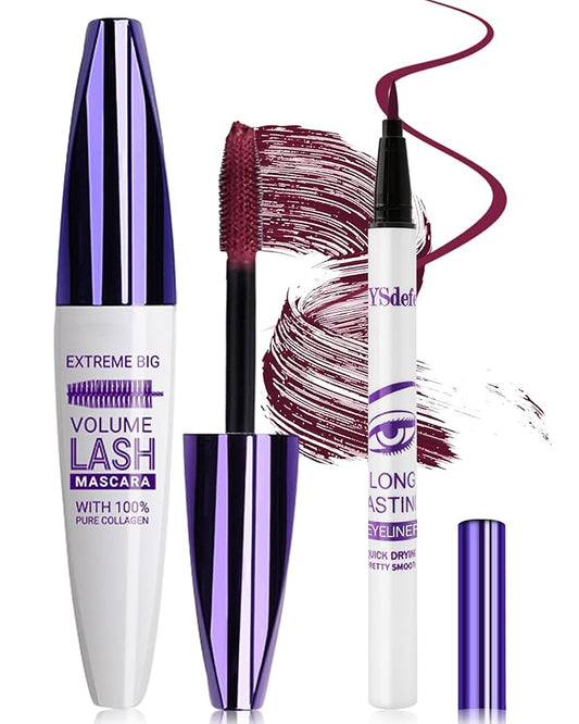 Burgundy Mascara Liquid Eyeliner Set,Update Longlasting Waterproof Color Eye Liner Pen, 5D Silk Fiber Colored Mascara Volume and Length, Christmas Party Stage Use Eye Makeup Gift Kit for Women Girl-08