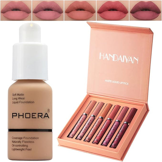 PHOERA Foundation,6 Pcs Matte Liquid Lipstick Makeup Set, Matte liquid Long-Lasting Wear,PHOERA Makeup Foundation Full Coverage(105- Sand)