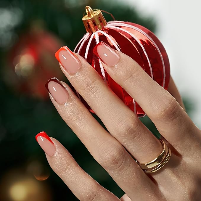 BTArtboxnails XCOATTIPS Red French Tip Press on Nails - Red French Tip Nails Square, Christmas Press on Nails Short, Soak Off Soft Gel Nail Extension 160Pcs