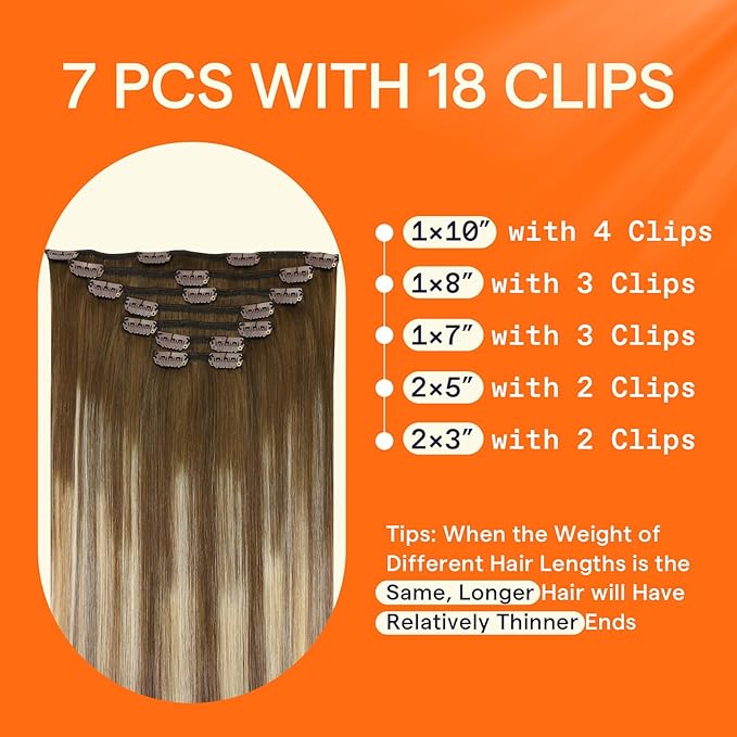 Full Shine 22 Inch Clip in Human Hair Extensions 120 G Remy Hair Extensions Clip in Human Hair for Length Medium Brown Balayage Platinum Blonde Mix Light Brown 7 Pcs