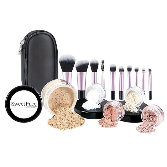 16pc Beginner Mineral Makeup STARTER KIT with 10 BRUSH SET (5gm)Sample Size Foundation, Primer, Blush, Bronzer, Setting Powder for Learning, Occasional Use & First Time Users, Travel Size Kit (Fair 2)
