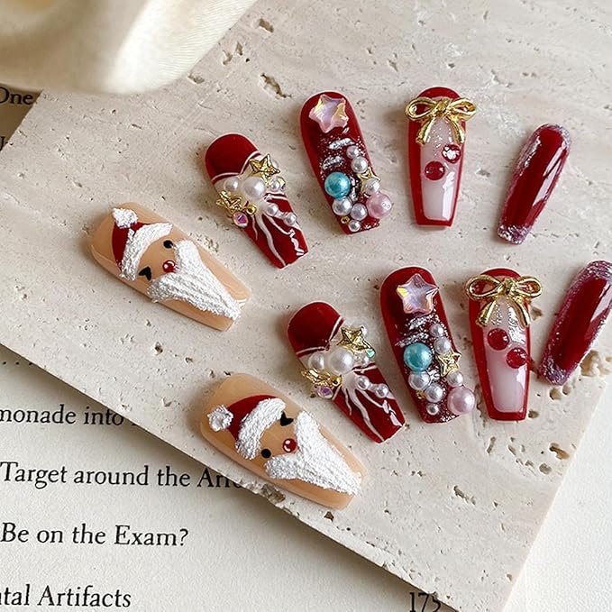 10Pcs Christmas Press on Nails Long Coffin Fake Nails with Gold Bow Charms Designs Luxury Pearls Christmas Tree Santa Claus False Nails Winter Artificial Stick on Nails for Women DIY Manicure Decor