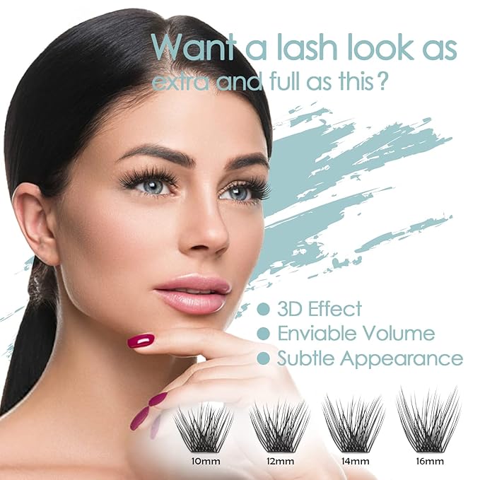 DIY Eyelash Extension, 3D Effect Glue Bonded Band Individual Lash 48 Clusters Volume Lashes Set, Home Eyelash Extension, C curl Lashes Pack 10MM-Volume-48 Clusters
