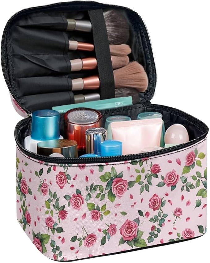 Rose Hearts Valentine's Day Print Travel Makeup Bags for Women Portable Tote Cosmetic Case with Carry Handle Toiletry Accessories Storage Organizer Bags