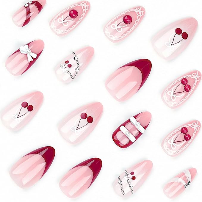 3D Cherry Bow Pearl Press on Nails Short Almond Fake Nails White Bow Rhinestones Glossy Full Cover Artificial Nails Acrylic Nails White Pearls Glue on False Nails for Women Girls Art Decoration 24pcs