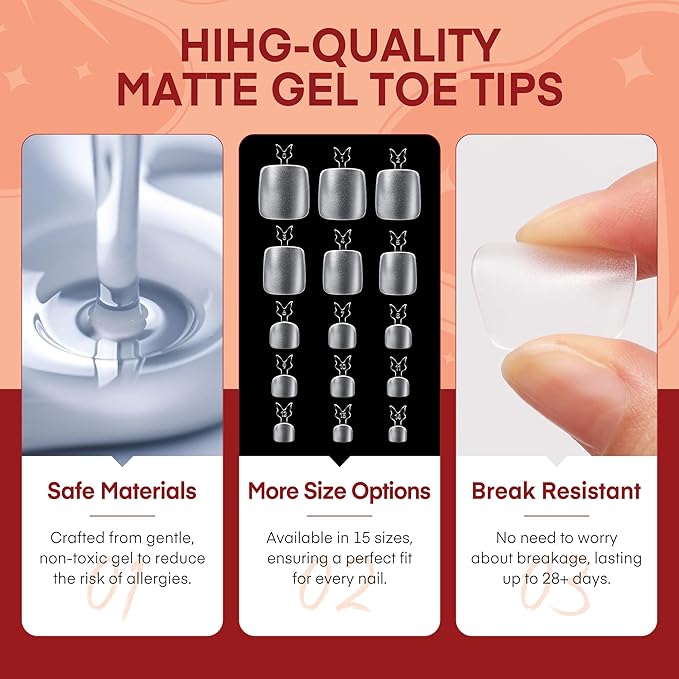 Toe Nails - Big Wide Squoval, Full Cover Matte, Soft Gel, Square & Round, Clear Gel, Soak Off - 360pcs, 15 Sizes, DIY Salon